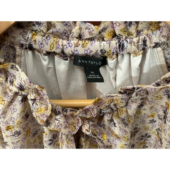 Ann Taylor Women's Microfloral Gold Print Long Sleeve Blouse XL Smocked Neck - Picture 4 of 7